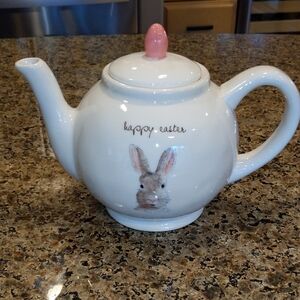 Rae Dunn Ceramic Tea Pot With Lid Bunny Rabbit Happy Easter Theme NWOT